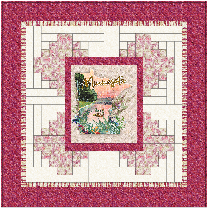 Quilt with floral design and 'Minnesota' text and a pink border