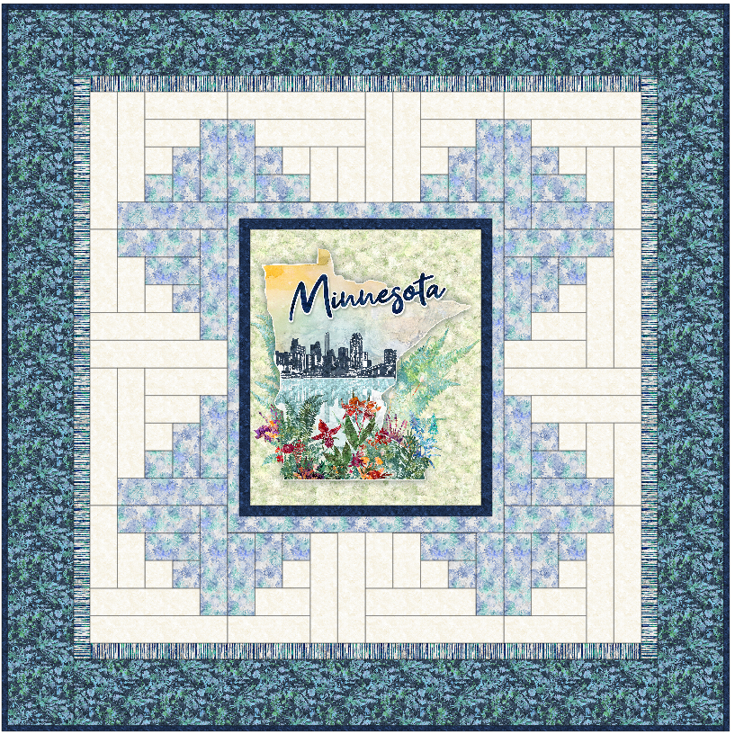 Quilt with 'Minnesota' design featuring a city skyline and flowers, framed by blue and white borders.