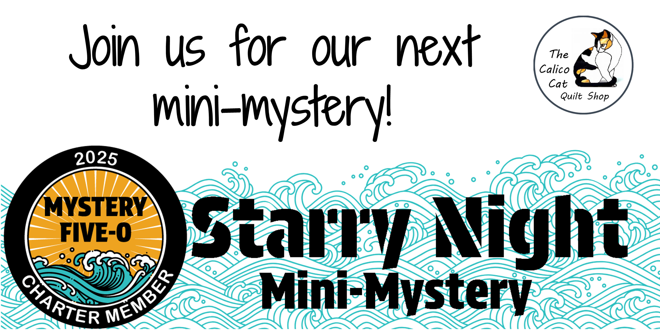 Promotional banner for a mini-mystery event with wave design and text.