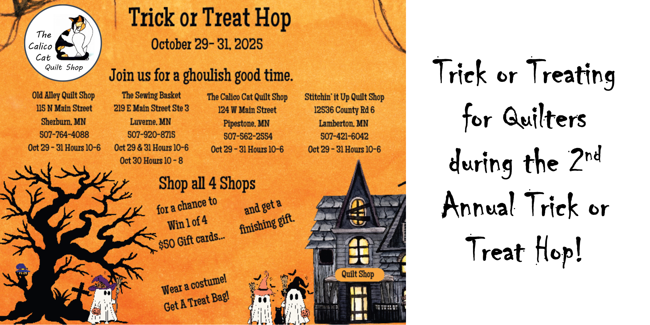 Promotional flyer for a Trick or Treat Hop event with Halloween-themed graphics and text.