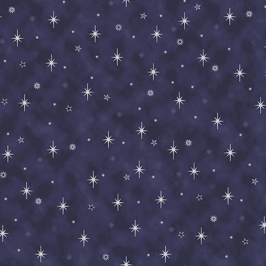 Christmas Is Near - Tossed Stars - Dark Blue with Silver Metallic