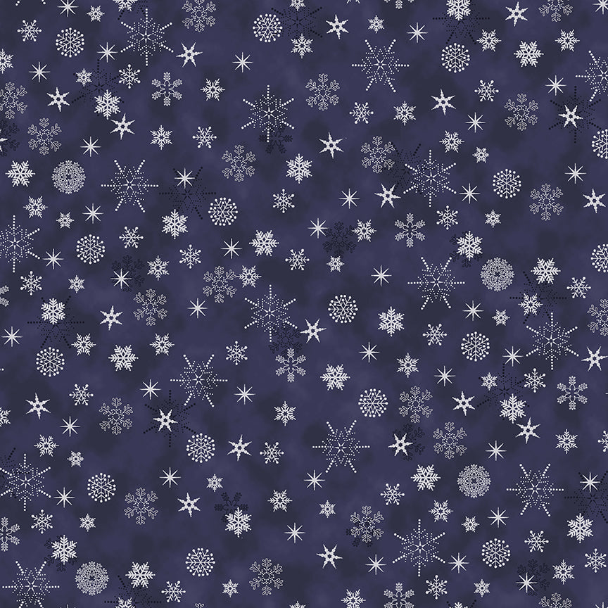 Christmas Is Near - Tossed Snowflakes - Dark Blue with Silver Metallic