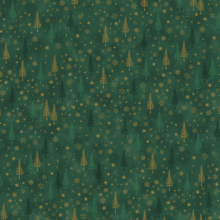 Christmas Is Near - Trees & Snowflakes - Christmas Green with Gold Metallic | Stof Fabrics 4598-800