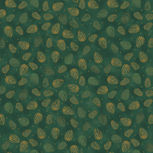 Christmas Is Near - Tossed Pinecones - Christmas Green with Gold Metallic