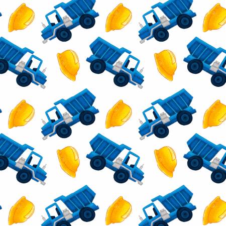 Under Construction - Dump Truck Tossed Allover - White | Studio E Fabrics 6061-01