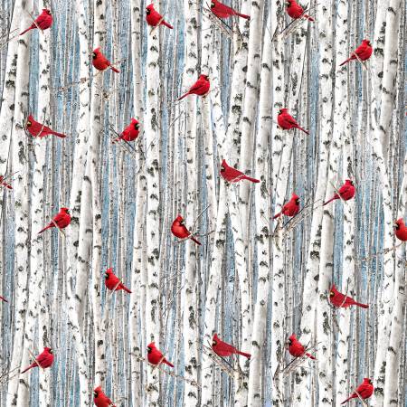 Red Cardinals on Birch Trees | Timeless Treasures C7870-WHT