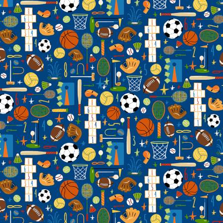 Backyard All-Stars - Fun & Games - Blue | Michael Miller Fabrics DC10290-BLUE-D