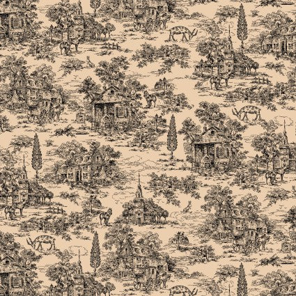 Farmhouse Toile - Black on Tan - 108in Wide