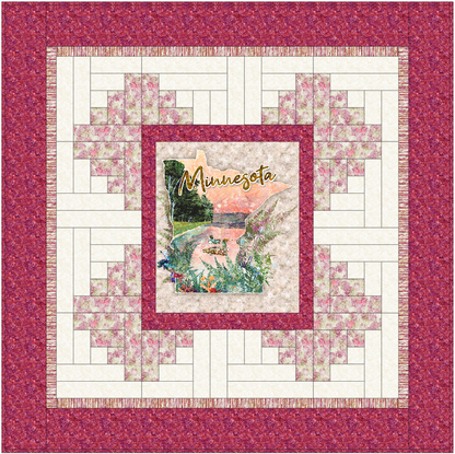Quilt with floral design and 'Minnesota' text and a pink border