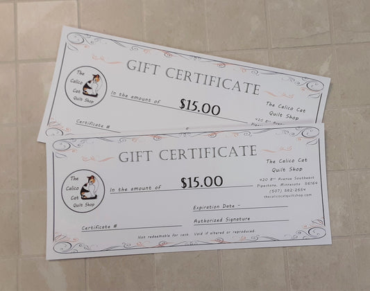 The Calico Cat Quilt Shop Gift Certificate